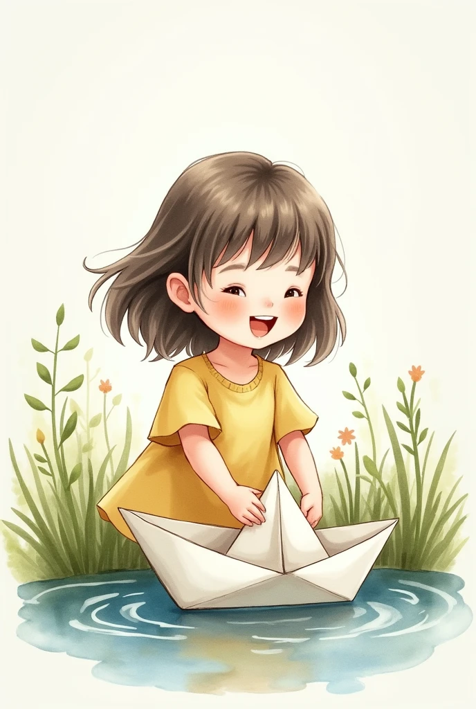 Watercolor drawing of a  playing with a paper boat.