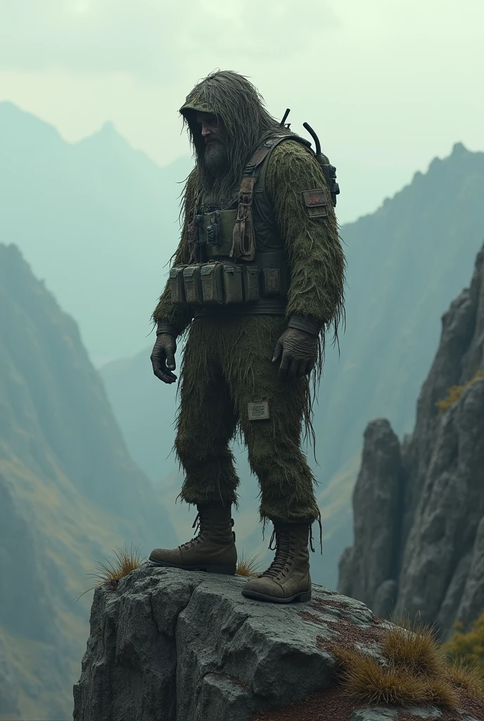 Image of a zombie apocalypse survivor wearing a ghillie suit on top of a mountain 
