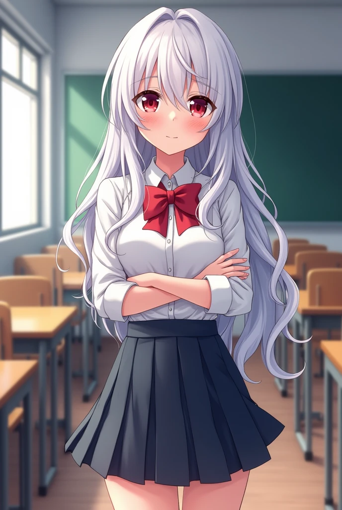 An anime girl in U class background.A girl with long, wavy white hair, red eyes and crossed arms wearing the U uniform.A