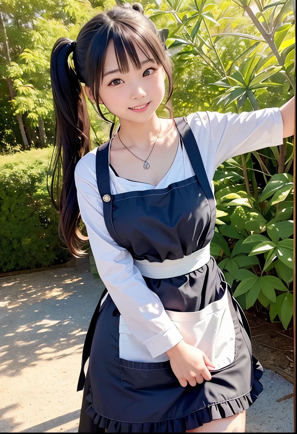 (Highest quality,masterpiece:1.3,Ultra-high resolution),(Very detailed、Caustics) (Realistic:1.4, RAW shooting、)Ultra-Realistic Capture、Very detailed、Natural skin texture、masterpiece、(A Japanese elementary school girl wearing a black apron:1.3),(Naked with an apron:1.5)、Adorable expression、Expressions of happiness、、height: 160cm、Baby Face、Amazingly cute、Twin tails、Straight hair、ribbon、necklace、Black Hair、Heavy makeup、H-Cup Bust、Shining thighs、Skin Arm、Background details、smile、An inviting gaze、Anatomically correct、Cowboy Shot、Attention to detail、Private garden photoshoot、Side shot、Sexy pose、