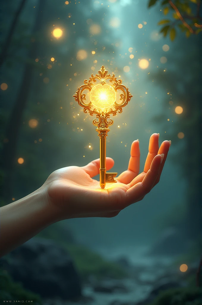 A hand with a golden key on a magical background