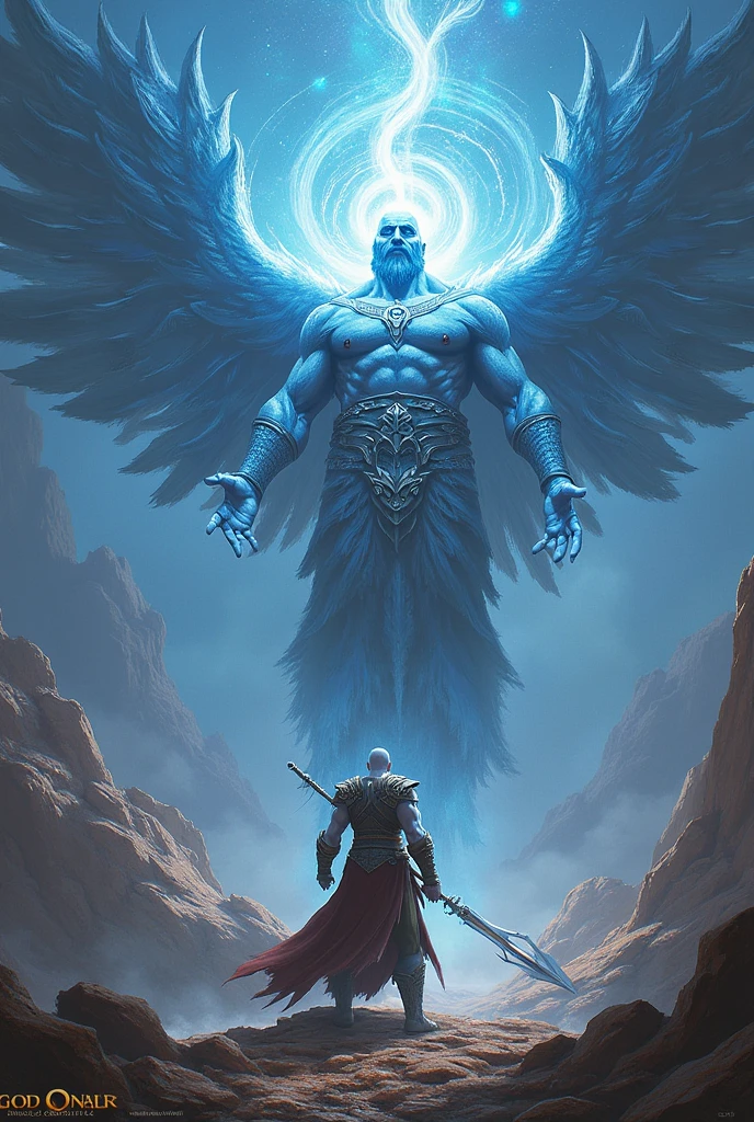 Make an image with the name "Aura" well highlighted with a God of war next to it