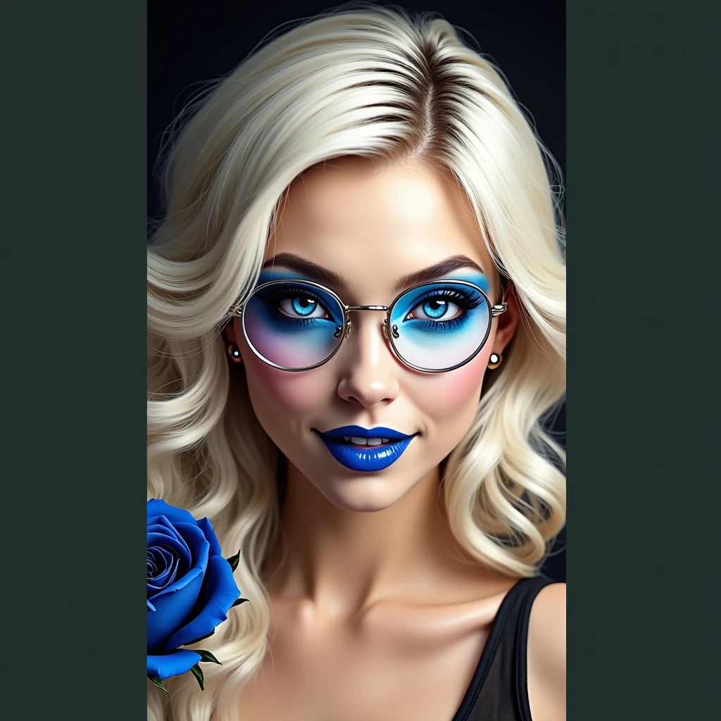 Black and white and purple and blue photo, happy and glowing woman with stunning blue eyes, (long blonde hair with electric blue highlights, very detailed), a large pair of thin titanium glasses , Flawless skin, half body shot, I'm holding a dark blue rose, intensity of captivating gaze, unusual photography style, Captured on camera, cinematic, dramatic lighting, extremely clear, a captivating surreal masterpiece, magnificent bust, push-up effect for large breasts, huge amazing boobs info