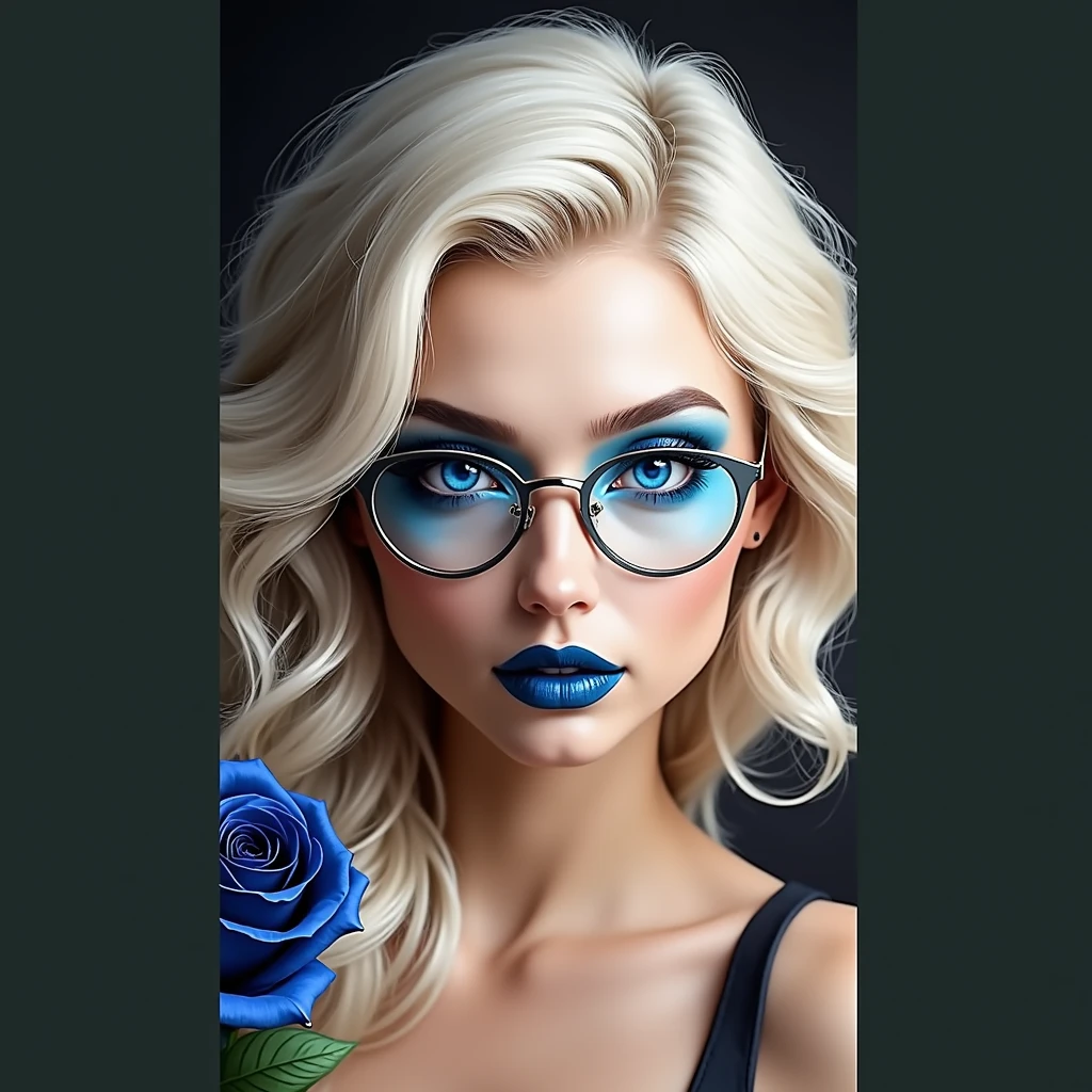 Black and white and purple and blue photo, happy and glowing woman with stunning blue eyes, (long blonde hair with electric blue highlights, very detailed), a large pair of thin titanium glasses , Flawless skin, half body shot, I'm holding a dark blue rose, intensity of captivating gaze, unusual photography style, Captured on camera, cinematic, dramatic lighting, extremely clear, a captivating surreal masterpiece, magnificent bust, push-up effect for large breasts, huge amazing boobs info