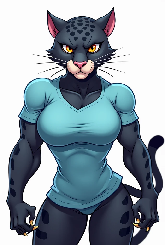 Cartoon of a muscular female panther wearing a light blue shirt showing her claws and looking straight ahead