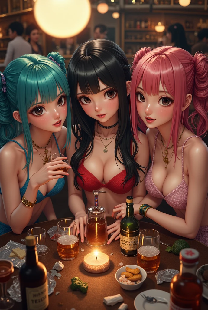 Highest quality, masterpiece, Ultra-high resolution, (Realistic:1.4), Raw photo, Very detailed, Perfect Anatomy, 

(((At the pub, From above, Photo of three girls having fun at a drinking party))), 

All of Japan&#39;s Most Popular Idols, All , Very cute faces,  Very beautiful big black round eyes, All very beautiful colorful hair colors, Everyone is completely drunk and high on cocaine, Everyone is wearing cute clothes, 

All detailed cute faces, Very beautiful large black solid circle eye with all the details, Very beautiful hair with all the details, All detailed beautiful and realistic skins, Very beautiful body with all the details, Intricately designed clothes, Detailed tavern, Lots of alcohol and food details on the table, Illegal drugs with some details on them on the table