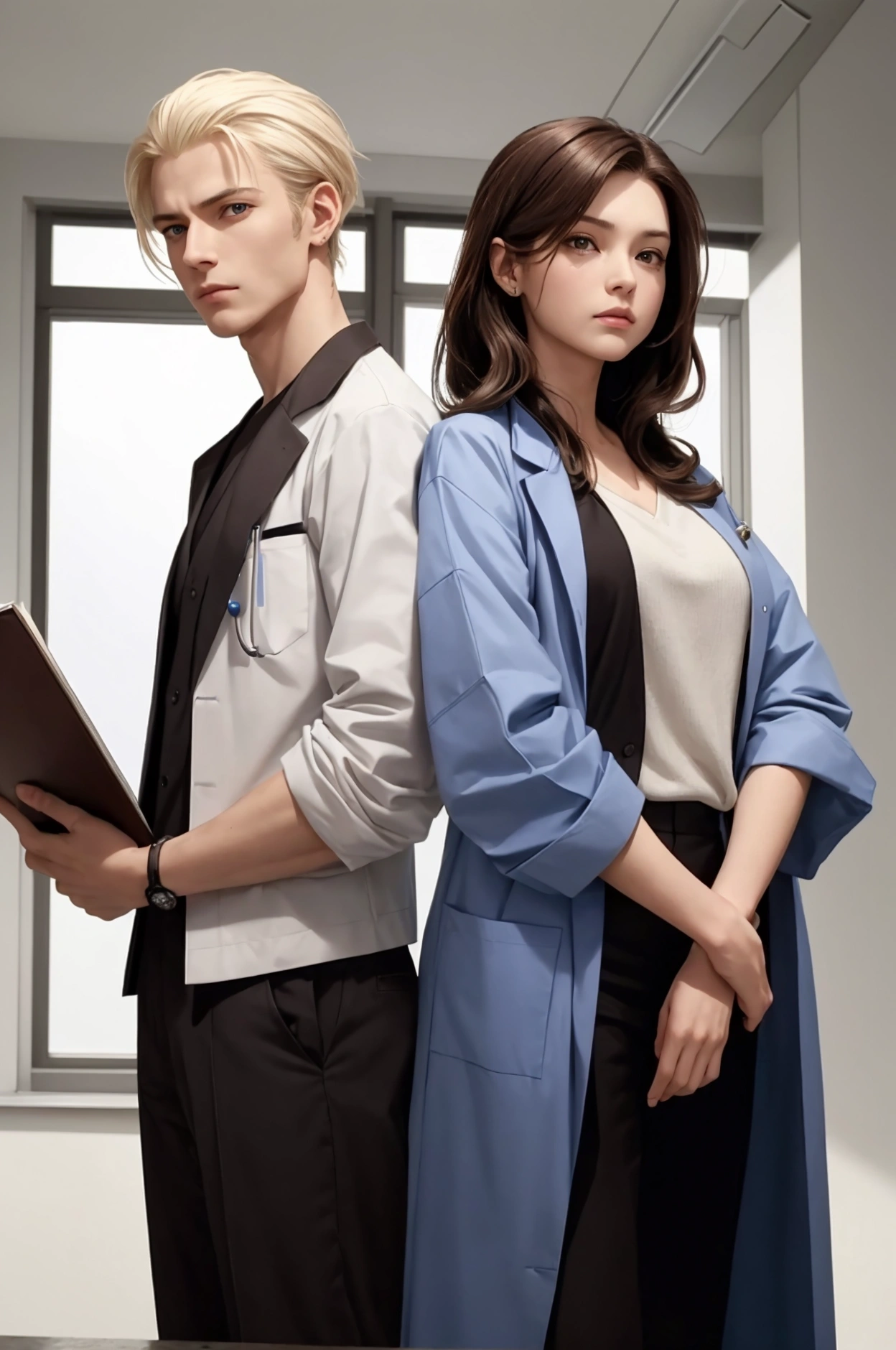 Hello, good afternoon. I would like a drawing of a man and a woman, in the style of book covers. They have their backs to each other, with crossed arms. They are both doctors. He is tall, has a tattoo on his arm and blonde hair, he is wearing a surgical scrub and looks angry. She's short, pediatrician, wears a lab coat, has dark brown hair .
