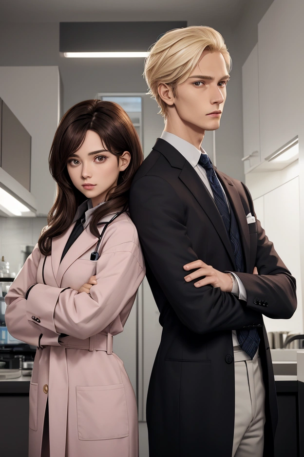 Hello, good afternoon. I would like a drawing of a man and a woman, in the style of book covers. They have their backs to each other, with crossed arms. They are both doctors. He is tall, has a tattoo on his arm and blonde hair, he is wearing a surgical scrub and looks angry. She's short, pediatrician, wears a lab coat, has dark brown hair .