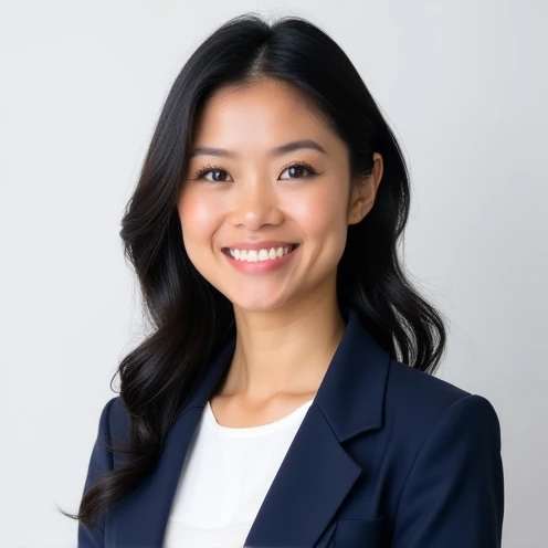 "A professional headshot of an Indonesian female nutritionist, 1:1 aspect ratio, formal pose, slightly smiling, wearing a white blouse and a navy blue blazer, against a clean white background."

