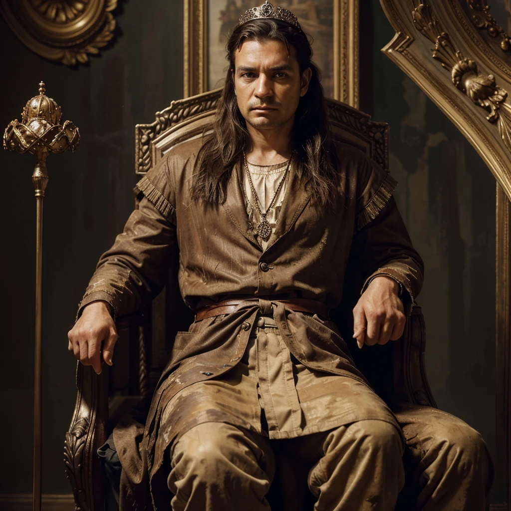 (oil painting,brush strokes),(18th poor man sitting on the throne),(detailed facial expression), dirty outfit,dirty surroundings, worst crown and scepter,Historical setting,soft lighting,rich color palette,luxurious textures,Estilo Retrato,extremely low class classical art, {absurdly beautiful} and the picture angle is the photographer click in front butthe background is like village