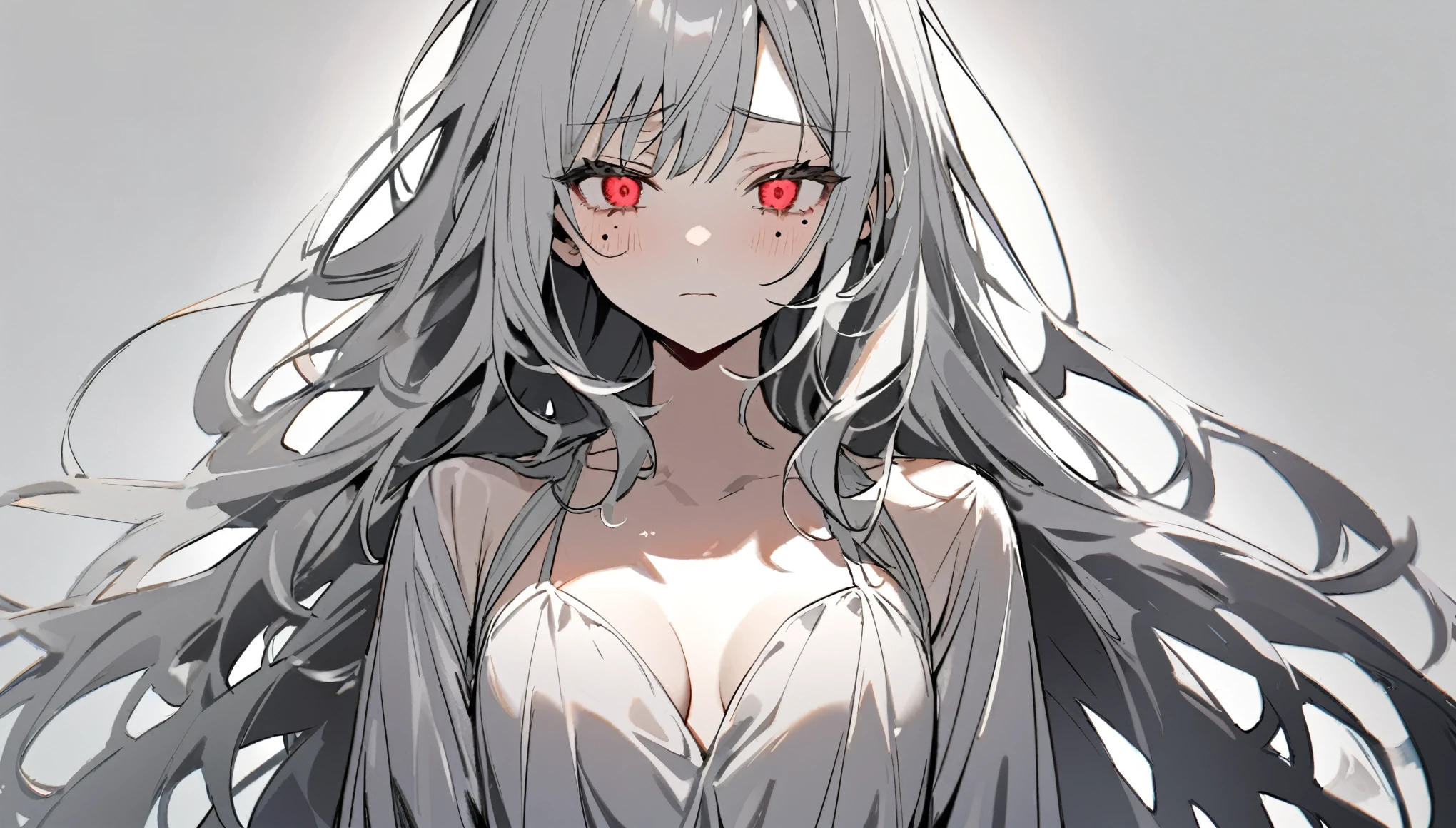 1  character。gray hair color、Glowing red eyes、Long Hair、There is a mole under the left eye、Sad expression、A dress with a large open chest、Without background、Depict people only.