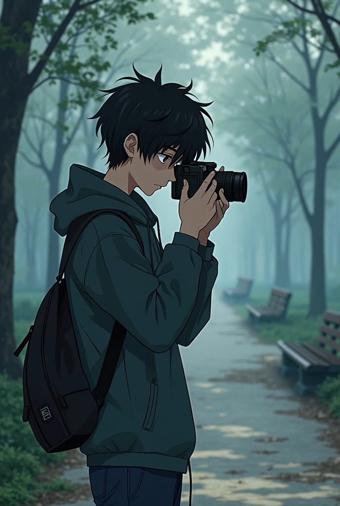 Sad boy with a camera anime style