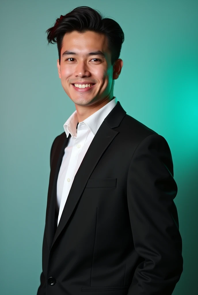 A young man with dark hair and a confident smile. He is dressed in a black blazer over a white shirt The man is positioned against aqua colour backdrop with a subtle red lighting on the left side and he posing for Linkedin profile