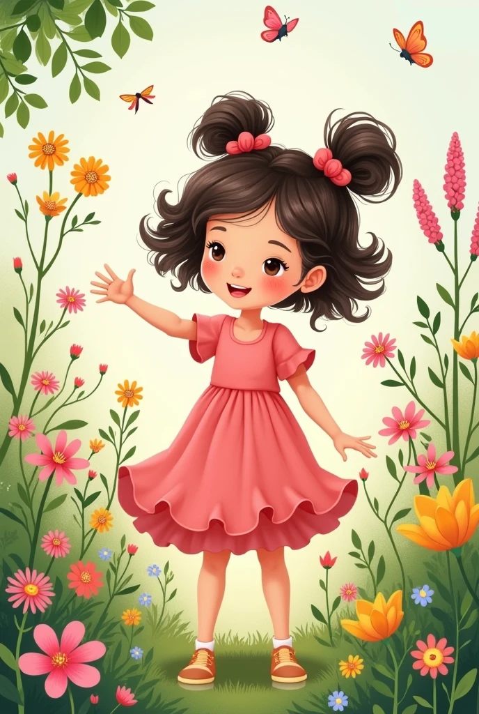 Illustration of a boy with dark brown light brunette hair, wavy hair with a few curls, styled in a fun and playful way, perhaps with small bows or a ponytail. She’s wearing a cute pink dress and is happily playing in a vibrant garden filled with colorful flowers. Butterflies flutter around her, and birds are perched on nearby branches. The girl, with a joyful and curious expression, is surrounded by lush greenery and is reaching out to a butterfly. The overall style is whimsical and charming, capturing the innocence and delight of the in this enchanting, nature-filled scene.