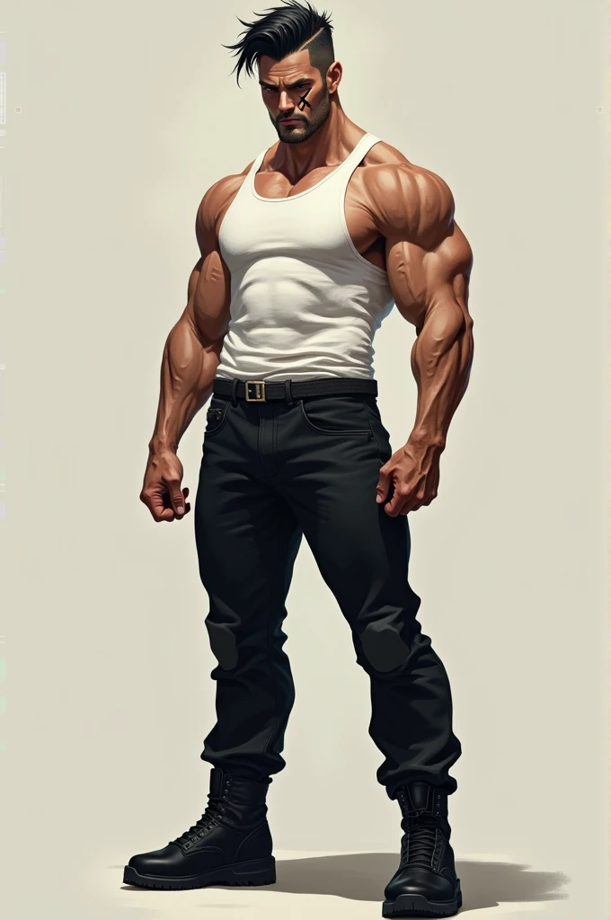 Muscle man, high, black hair, short hair, black eyes, x-shaped scar, white tank top, black pants, black shoes, hair style book