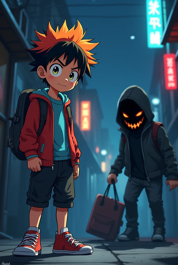 An anime-style boy confronts a thief who tried to steal a bag 