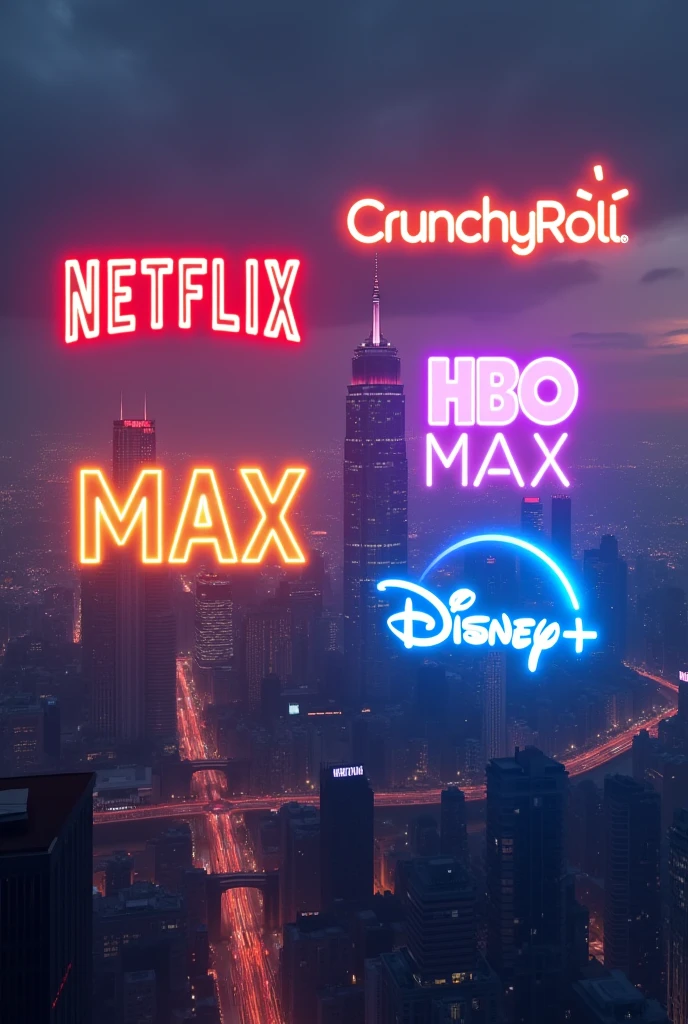 Netflix streaming logos in neon red, crunchyroll em laranja neon, Hbo max in neon purple, disney+ in neon blue in the sky of a city