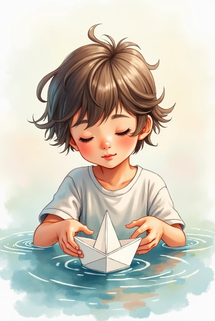Watercolor drawing of a with short hair and a curl at the end playing with a paper boat.
