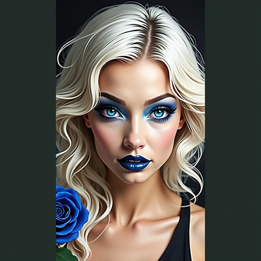 Black and white and dark blue photo, happy and glowing woman with stunning blue eyes, (long blonde hair with electric blue highlights,with lilac highlights, very detailed), , Flawless skin, half body shot, I'm holding a dark blue rose, intensity of captivating gaze, unusual photography style, Captured on camera, cinematic, dramatic lighting, extremely clear, a captivating surreal masterpiece, magnificent bust, push-up effect for large breasts, huge amazing boobs info
