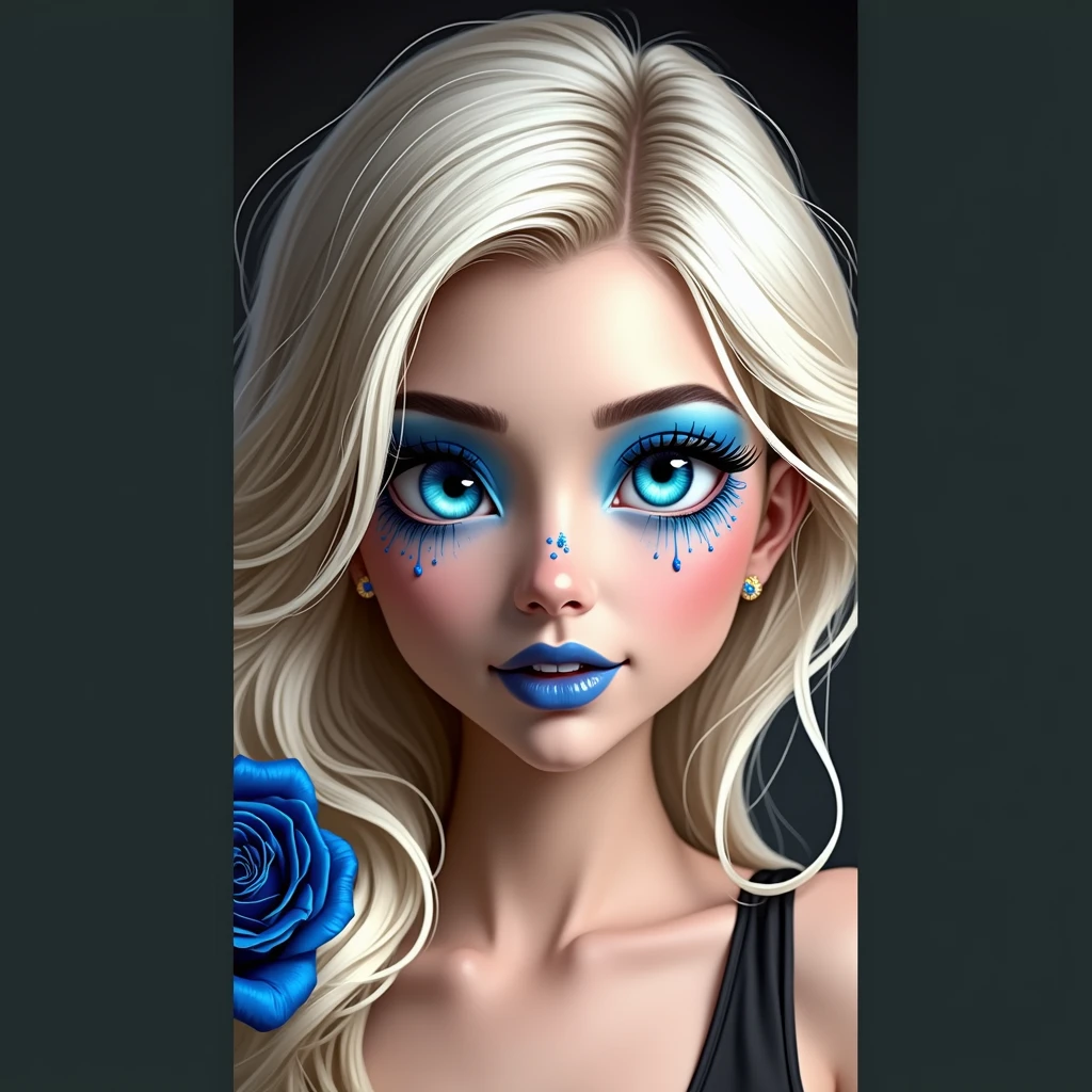 Black and white and dark blue photo, happy and glowing woman with stunning blue eyes, (long blonde hair with electric blue highlights,with lilac highlights, very detailed), , Flawless skin, half body shot, I'm holding a dark blue rose, intensity of captivating gaze, unusual photography style, Captured on camera, cinematic, dramatic lighting, extremely clear, a captivating surreal masterpiece, magnificent bust, push-up effect for large breasts, huge amazing boobs info