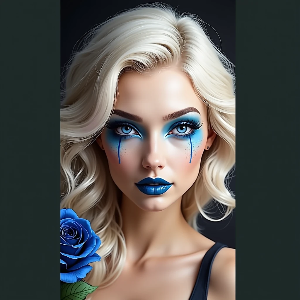 Black and white and dark blue photo, happy and glowing woman with stunning blue eyes, (long blonde hair with electric blue highlights,with lilac highlights, very detailed), , Flawless skin, half body shot, I'm holding a dark blue rose, intensity of captivating gaze, unusual photography style, Captured on camera, cinematic, dramatic lighting, extremely clear, a captivating surreal masterpiece, magnificent bust, push-up effect for large breasts, huge amazing boobs info