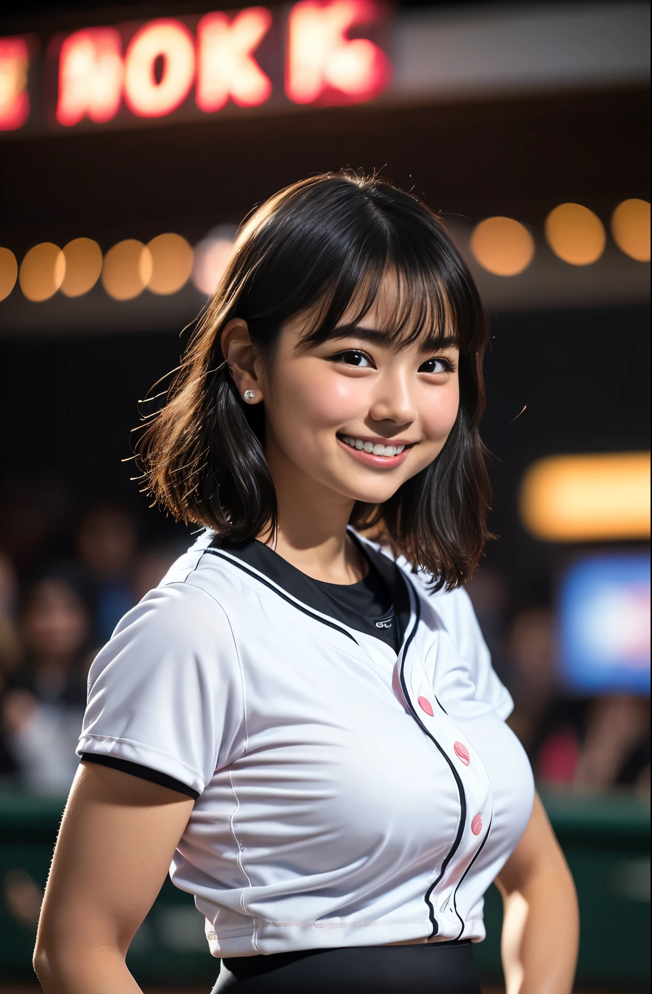 （8k、Raw photography、Highest quality、masterpiece：1.2),(Black Hair、Dark Eyes:1.9),(:1.7)、View your audience,Front view,White skin,(Pink baseball uniform:1.4)、(Tight waist:1.6)、(Clothes that accentuate the shape of the breasts:1.4)、(Big Breasts :1.6)、Slim figure、Ultra-high resolution,beautiful,beautiful fece,(One person、No background:1.9),whole bodyボディー,Japanese women,（reality的：1.37）、Photon Mapping,reality、(Baby-faced and cute: 1.2)、(Cute Smile: 1.8)、(Round face: 1.8)、Radio City、Physically Based Rendering、Depth of field rally background、photograph, (:1.8),（:1.6）,whole body、Great quality