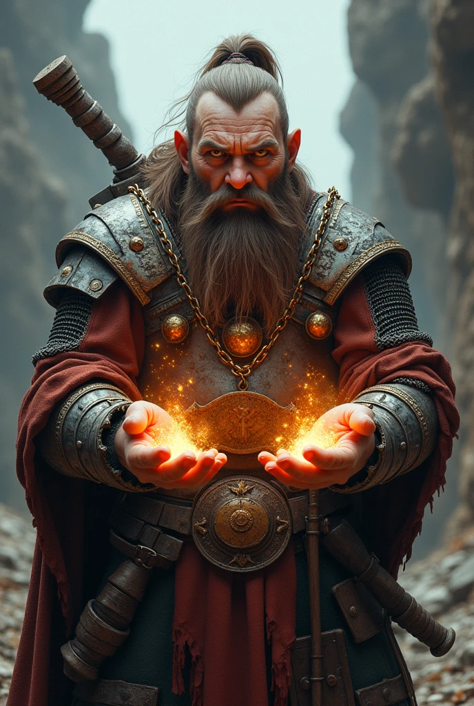 a white dwarf man with a long brown beard, and with a ponytail wearing chain mail, with a war hammer on his back, a necklace with a wooden plaque with blood, while his hands are glowing with a clear healing magic