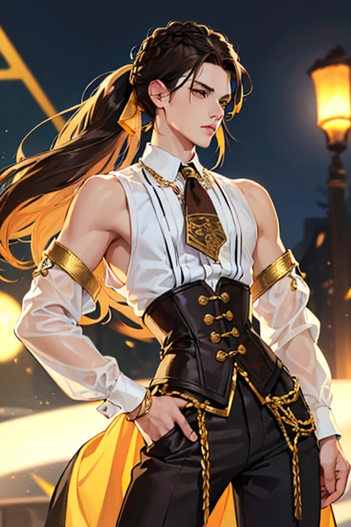 (“Boy”) + (“thin”) + (“male”) + (“Dark hair”) + (“hair ends at shoulders”) + (“half up half down hairstyle”)+ (“white collared shirt”) + (“brown corset with gold accents”) + (“twink”) + (“bard”) + (“performance clothes”) + (“loose pants”) + (“brightly colored accessories in hair”)