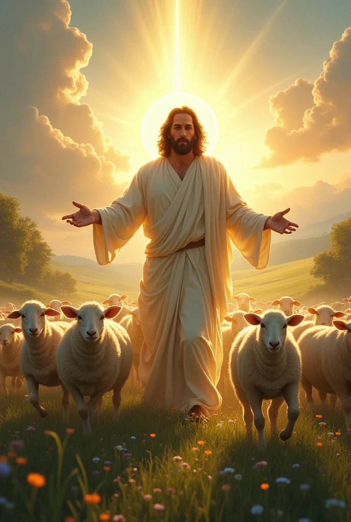 Draw me Jesus herding sheep with his head shining to the point that his face cannot be seen.