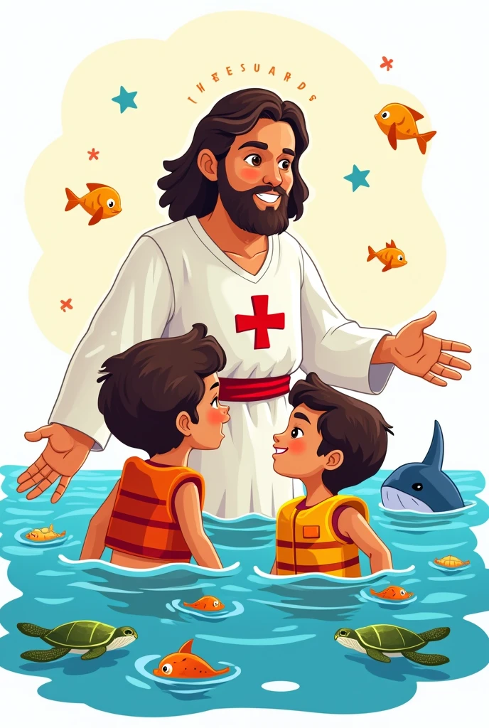Create a written shirt art : Jesus our lifesaver. DRAWING of JESUS in the sea, with 2 cute kids with float, put fish, whale and turtles.
I WANT ALL THE ART IN CARTOON White background I want Jesus dressed as a lifeguard