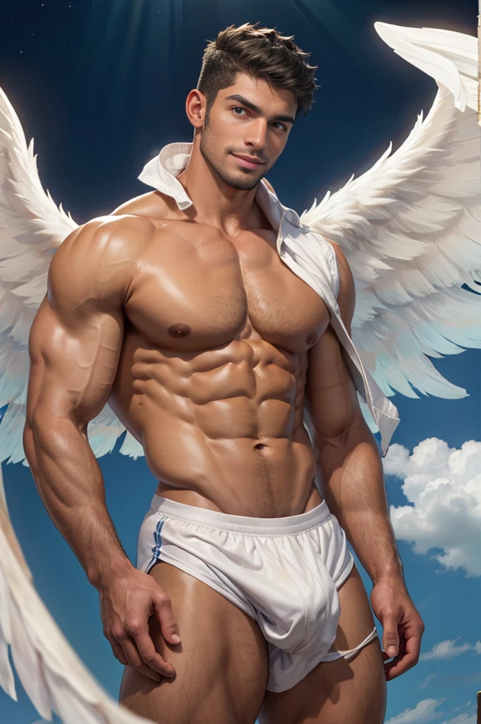 1 man, alone, Handsome guy, Latin mulatto skin, attractive features, tan skin tone, dark blue eyes, friendly expression, huge white wings coming out of his back, 2 angel wings, Physical aptitude, medium length men&#39;s haircut, black brown hairstyle, small beard, athletic physique, slender, no body hair, without using anything, completamente naked , realist, completamente naked, naked, perfect , male , correct male scrotum, perfect scrotum, male structure, correct male genitelia, huge and veiny male genitalia, hard male genitalia, erect male genitalia, full body tattoos. EMOTION: greet, Environment: battlefield