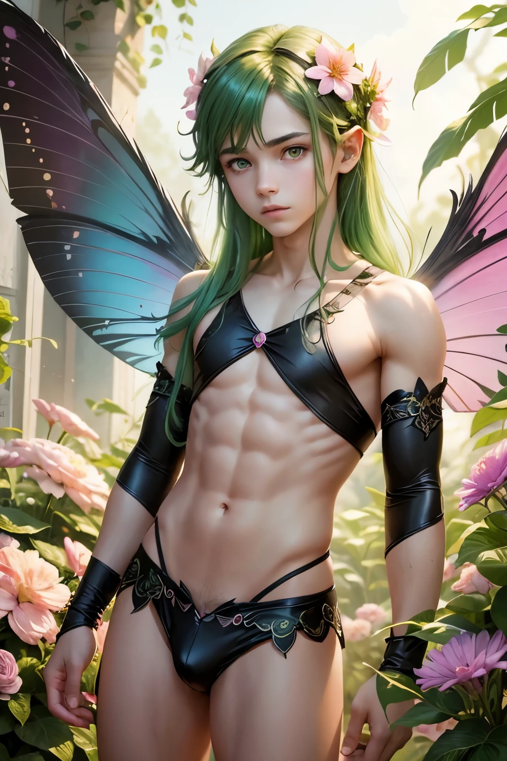 1boy, young male, teen, fairy, innocent face, cute face, youthful face, black eyes, fairy wings, flower fairy wings, pink fairy wings, long hair, green hair, thin body, short, sexy, skimpy, jockstrap, flowers, plants on body, plant body, flowers in hair, plant outfit