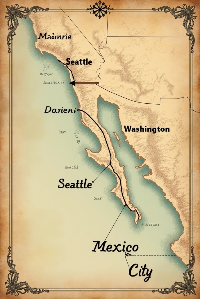 "A map of the flight path from Seattle to Mexico City, with lines drawn in vintage map style."

