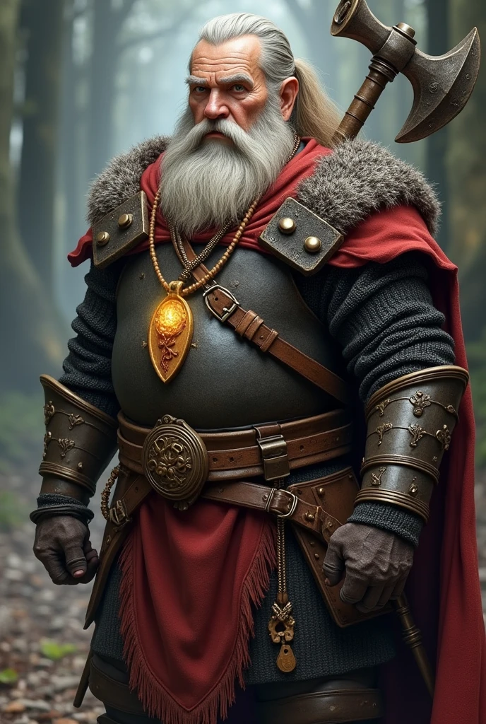 a white dwarf man with a long brown beard, and with a ponytail wearing chain mail, with a war hammer on his back, a necklace with a wooden plaque with blood, while his hands are glowing with a clear healing magic, your face is calm
