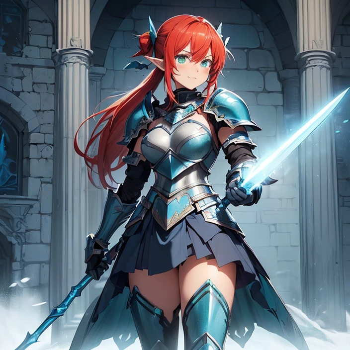 (masterpiece image), (very detailed image, (best high quality high definition image), (carefully detailed textures and pixels), (carefully detailed character and background), (alone character, solo), (HD), (High resolution), (Fantasy), (anime)
{{(1character: 1 red-haired elf girl knight:((fair skin), (green eyes), (red hair tied in two high-short-twintails with light-blue ribbons),(body full covered in heavy blue knight armor)),(standing brave and strong), (relaxed face), (willing to protect you and everyone), (smiling)),((blue steel knight cuirass), (blue steel armor skirt), (blue heavy steel shoulder plates), (blue arms armor), (blue gauntlets), (blue neck armor), (blue steel knight long boots))),((holding a long light-blue halberd with her right hand)),((morning at the danish castle wall), (on patrol), (standing confident and strong))}}