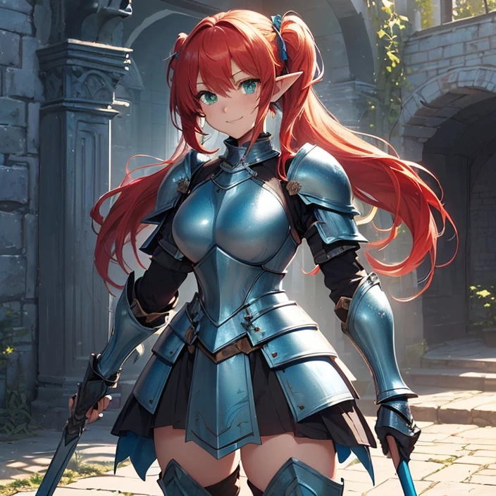 (masterpiece image), (very detailed image, (best high quality high definition image), (carefully detailed textures and pixels), (carefully detailed character and background), (alone character, solo), (HD), (High resolution), (Fantasy), (anime)
{{(1character: 1 red-haired elf girl knight:((fair skin), (green eyes), (red hair tied in two high-short-twintails with light-blue ribbons),(body full covered in heavy blue knight armor)),(standing brave and strong), (relaxed face), (willing to protect you and everyone), (smiling)),((blue steel knight cuirass), (blue steel armor skirt), (blue heavy steel shoulder plates), (blue arms armor), (blue gauntlets), (blue neck armor), (blue steel knight long boots))),((holding a long light-blue halberd with her right hand)),((morning at the danish castle wall), (on patrol), (standing confident and strong))}}