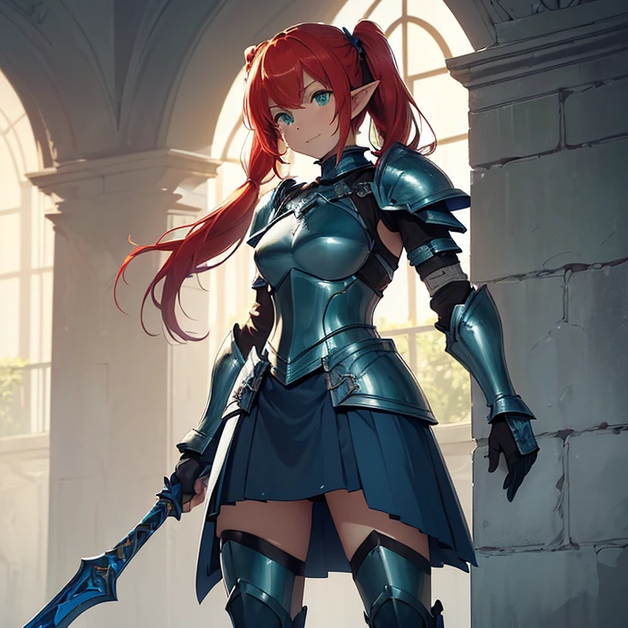 (masterpiece image), (very detailed image, (best high quality high definition image), (carefully detailed textures and pixels), (carefully detailed character and background), (alone character, solo), (HD), (High resolution), (Fantasy), (anime)
{{(1character: 1 red-haired elf girl knight:((fair skin), (green eyes), (red hair tied in two high-short-twintails with light-blue ribbons),(body full covered in heavy blue knight armor)),(standing brave and strong), (relaxed face), (willing to protect you and everyone), (smiling)),((blue steel knight cuirass), (blue steel armor skirt), (blue heavy steel shoulder plates), (blue arms armor), (blue gauntlets), (blue neck armor), (blue steel knight long boots))),((holding a long light-blue halberd with her right hand)),((morning at the danish castle wall), (on patrol), (standing confident and strong))}}