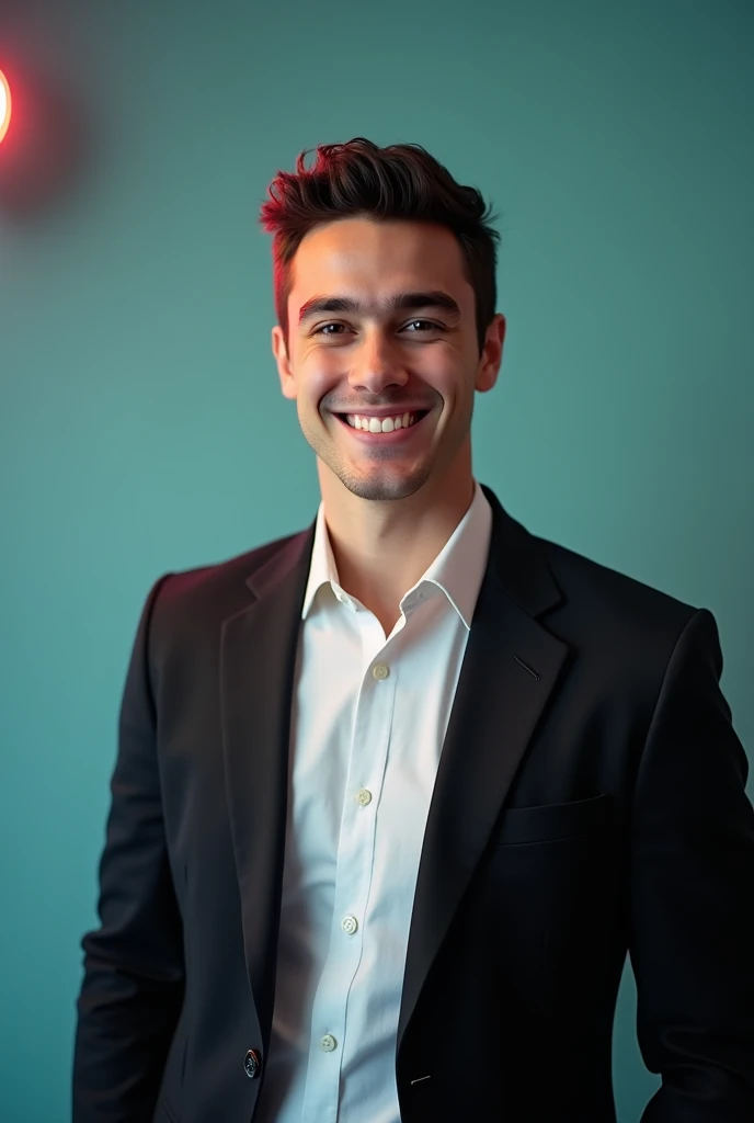 A young man with dark hair and a confident smile. He is dressed in a black blazer over a white shirt The man is positioned against aqua colour backdrop with a subtle red lighting on the left side and he posing for Linkedin profile