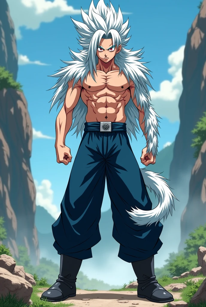 Boy with long, white, spiky hair down to his waist,Red eyes,shirtless,Silver fur on his arms on his back and around his abdomen and pectorals,Jin&#39;s dark blue pants,white monkey tail,black boots(anime style,dragon ball)