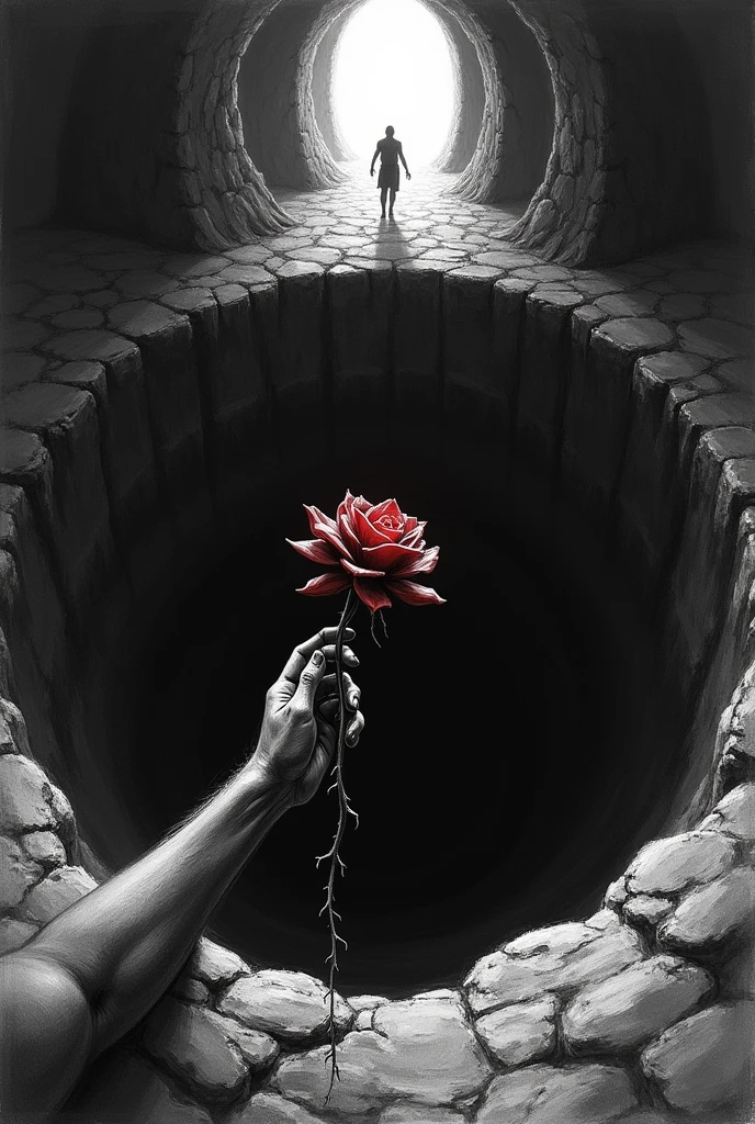 A bloody rose reaches towards the hole，dark deep pit，There is only a glimmer of light at the far entrance of the cave, Black and white, sketch
