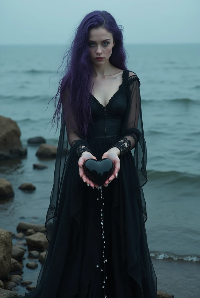 English woman,20 year, very white light skin,sparkling green eyes,long dark purple hair ,black gown,detailed,cinema image,she is washing a black heart in the black sea,image for music clip