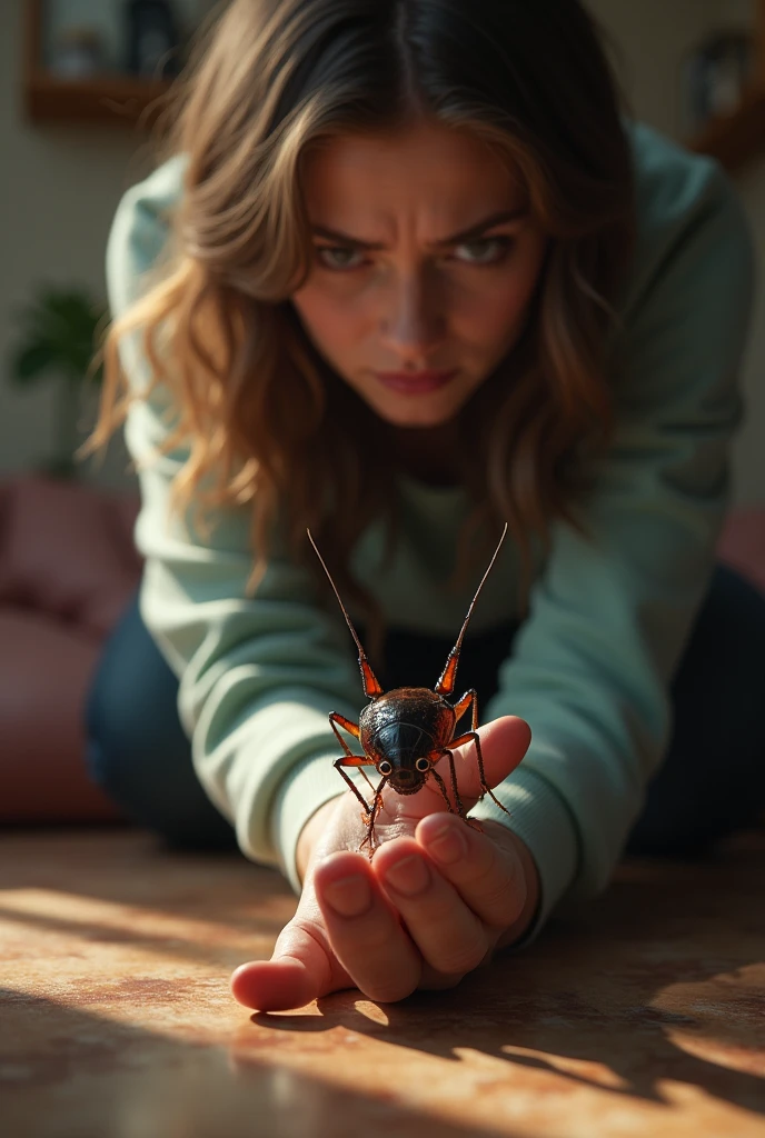 A woman asking her best friend for help because of a cockroach that is looking at her with hateful eyes on her foot.