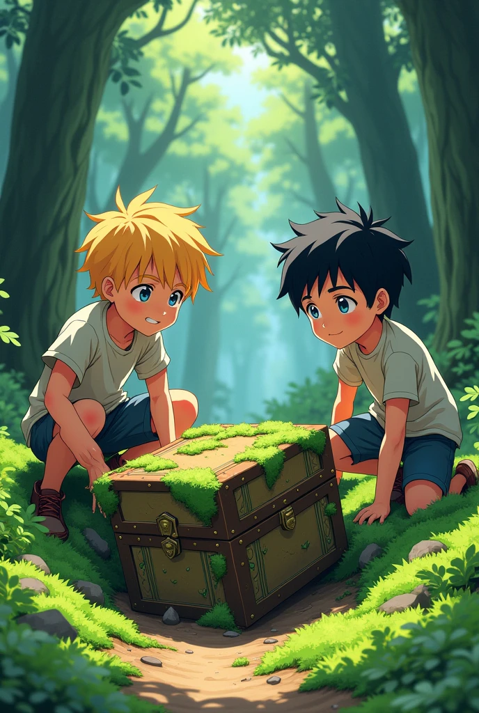 The 2 boys reach an old, moss-covered chest partially buried in the ground. Anime styles 1 boy have golden hair and one have black hairs