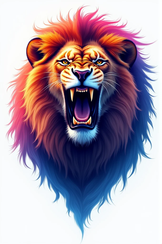 Logo Lion face white background Roaring Orange eyes, Black retina Blue to pink mane, litmus