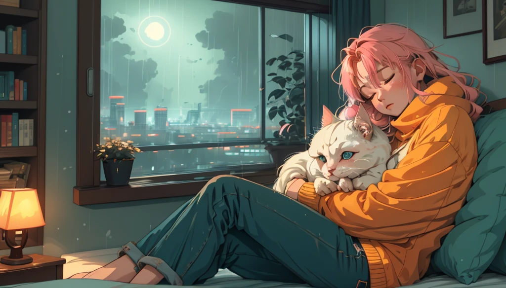 A peaceful, anime-style bedroom with a large window overlooking a rain-soaked, neon-lit city at night. An anime character, a young woman with long, flowing hair, sits comfortably on a plush rug near the window, wearing a cozy, oversized sweater and comfortable jeans. her eyes are gently closed as she is relaxing. colorful neon lights from the buildings below. The room is softly illuminated by a warm, amber glow from a small lamp on a nearby table. Books are neatly stacked on a shelf in the background, away from her, adding a touch of intellect to the serene space. A cat is curled up beside her, further enhancing the cozy, tranquil atmosphere. The overall mood is calm and introspective, perfect for a relaxing lo-fi beats video.