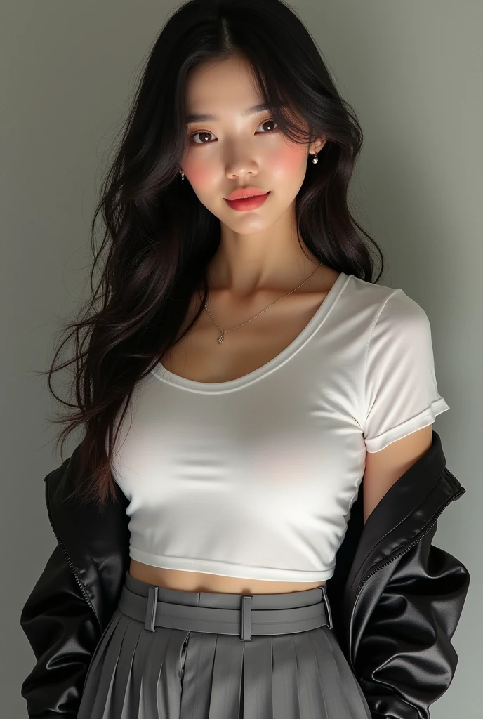 ((Highest quality)), ((masterpiece)), (detailed), Perfect Face, Beautiful Japanese Woman, Have a shoulder back, White T-shirt, Fascinating, Face and body focus, (Large Breasts) , Grey pleated skirt, Realistic, photograph, Shiny blouse, blush, smile,
