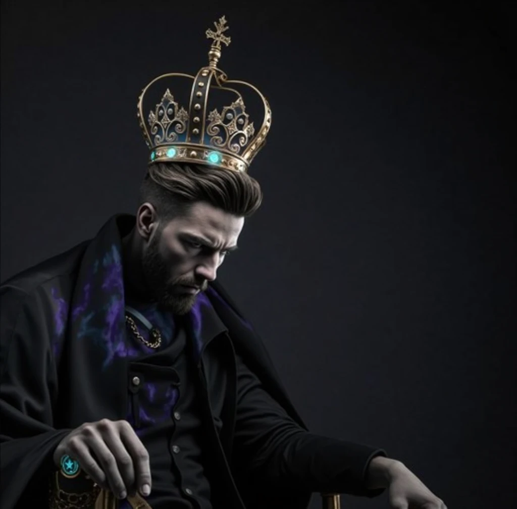 add black, green fluorescent and ywllow colors to the main character of the added picture, adding ¨Monster Energy¨ drink logo concept colors, add a translucid crystal fluorescent green crown 