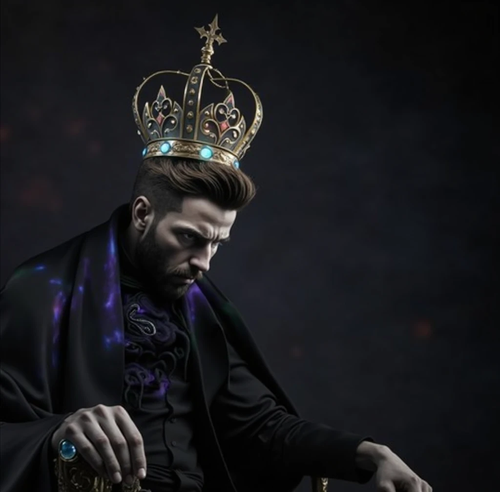 add black, green fluorescent and ywllow colors to the main character of the added picture, adding ¨Monster Energy¨ drink logo concept colors, add a translucid crystal fluorescent green crown