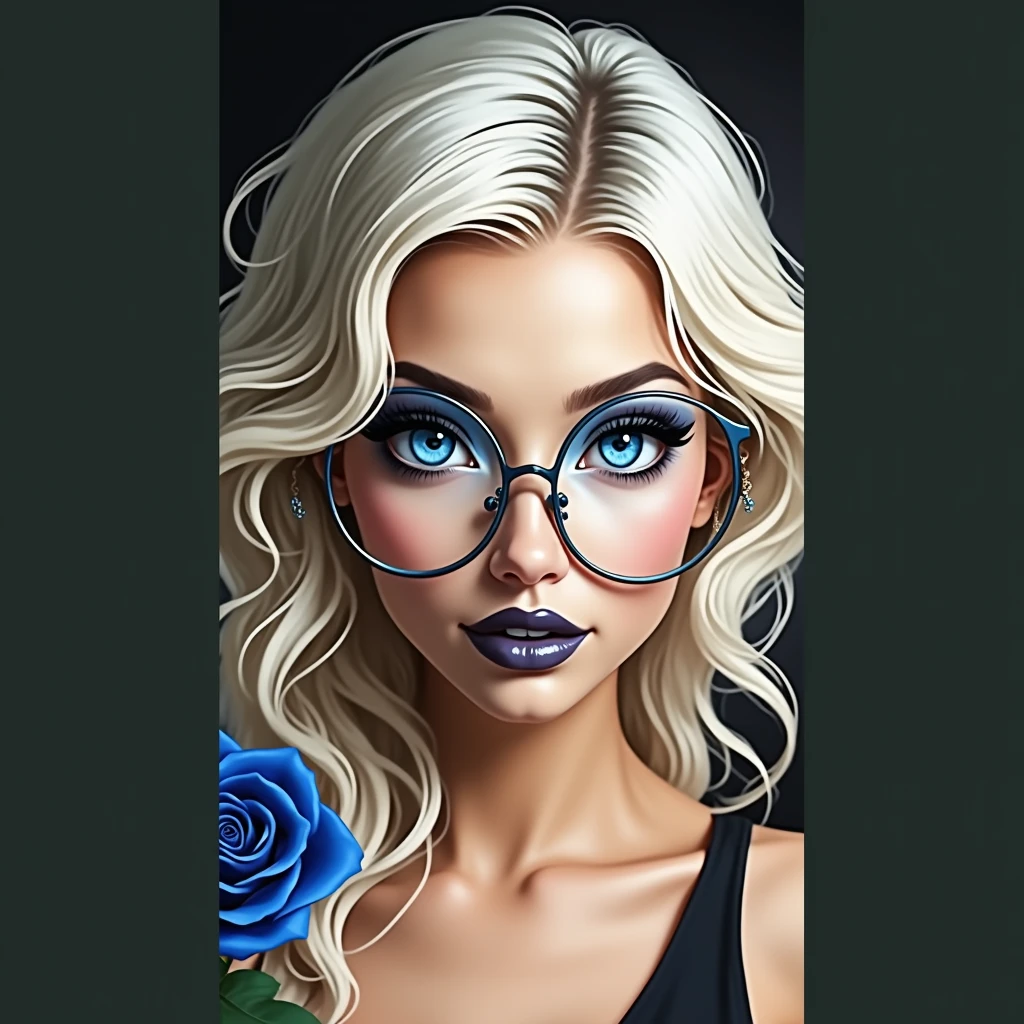 Black and white and blue photo, happy and glowing woman with stunning blue eyes, (long blonde hair with electric blue highlights, very detailed), a large pair of thin titanium glasses , Flawless skin, half body shot, I hold a blue rose, intensity of captivating gaze, unusual photography style, Captured on camera, cinematic, dramatic lighting, extremely clear, a captivating surreal masterpiece, magnificent bust, push-up effect for large breasts, huge amazing breasts