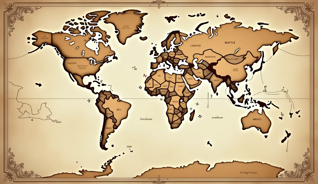 "A map of the flight path from Seattle to Mexico City, with lines drawn in vintage map style."
